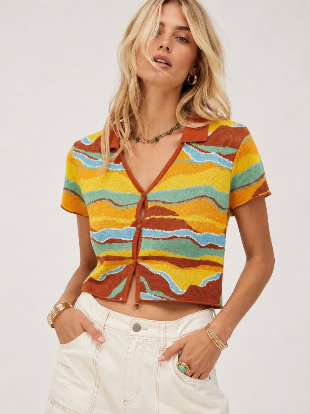 Milk It Women’s Size 12 Multicolor Landscape Knit Cropped Cardigan Top Boho Y2K